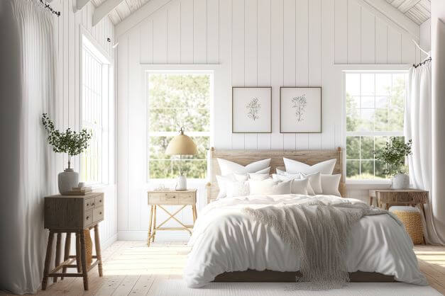 A white bedroom bathed in light